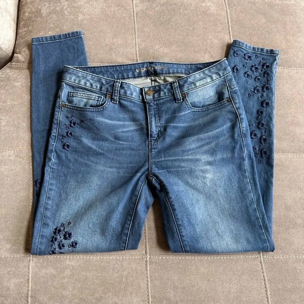 Michael Kors Blue Skinny Jeans with Floral Embroidery